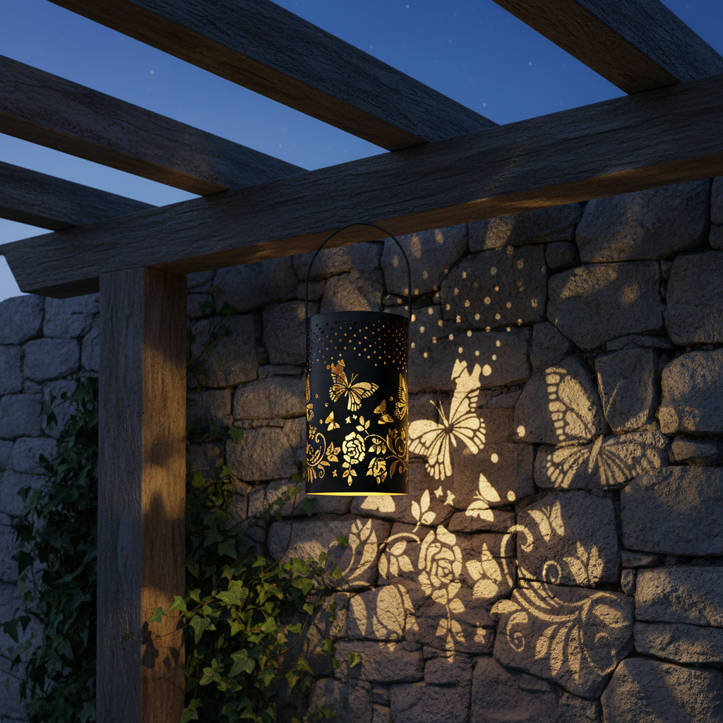Bronze Solar Schmetterlingslaterne aus Metall mit Schmetterlings-Lichtprojektion