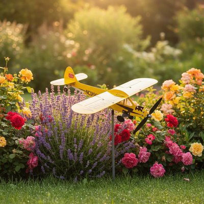 Flugzeug Windrad aus Metall in Gelb auf einem Stab vor blühenden Rosen und Lavendel im Sommergarten