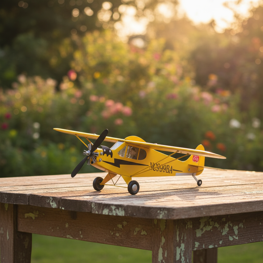 Flugzeug Windrad Detailansicht – Gelbes Metall Windspiel Piper Cub Modell