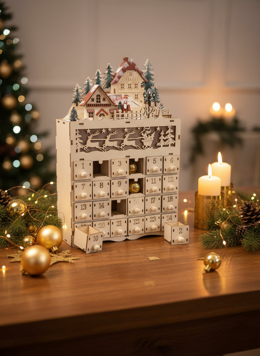 Holz-Adventskalender mit LED Licht mit Dorf.