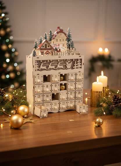 Holz-Adventskalender mit LED Licht mit Dorf.