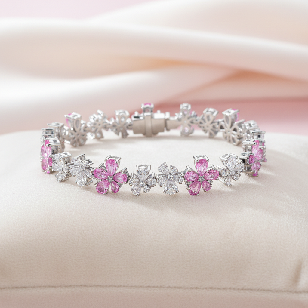 Nahaufnahme des Kirschblüten Armbands Zirkonia, das die zarten Blüten mit brillanten Steinen im rosa-silbernen Design zeigt.