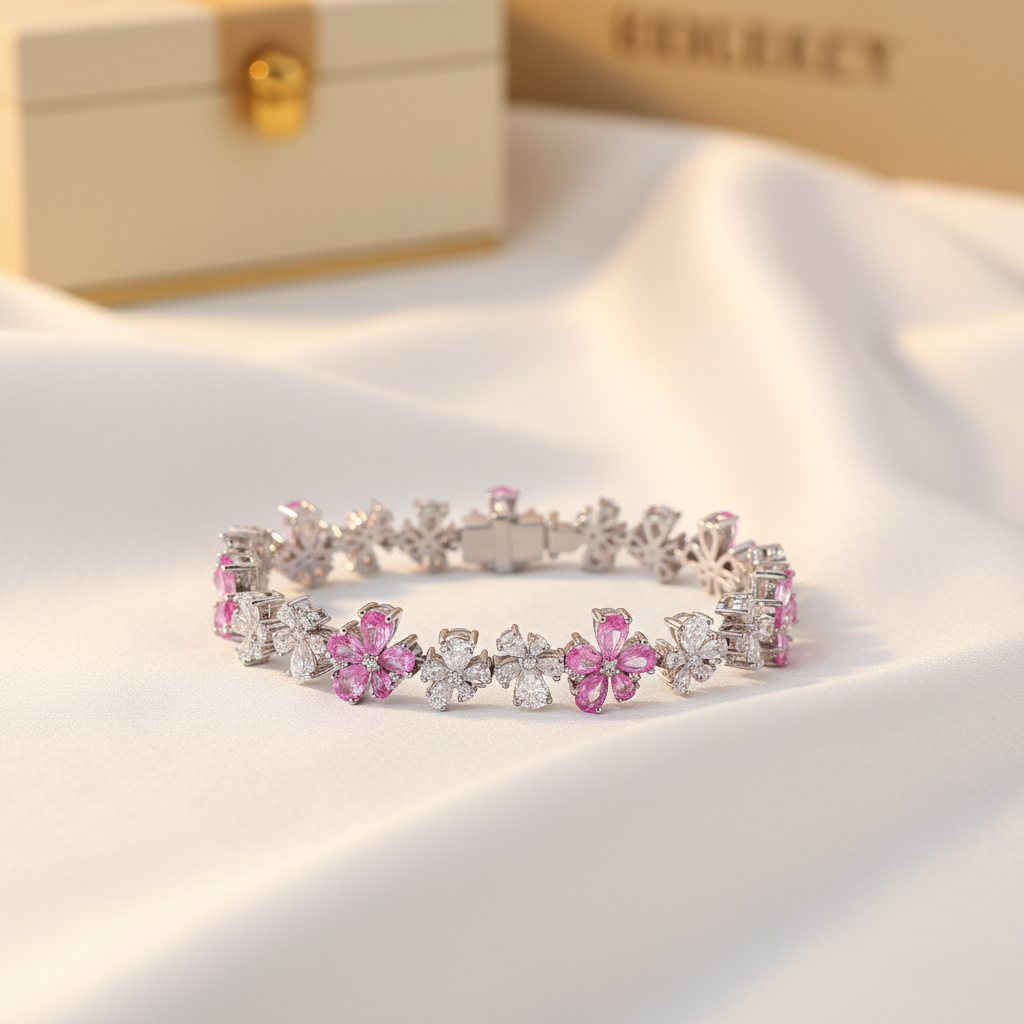 Detailansicht vom Kirschblüten Armband Zirkonia, das die harmonische Farbkombination von Rosa und Silber in einer eleganten Ausführung zeigt.