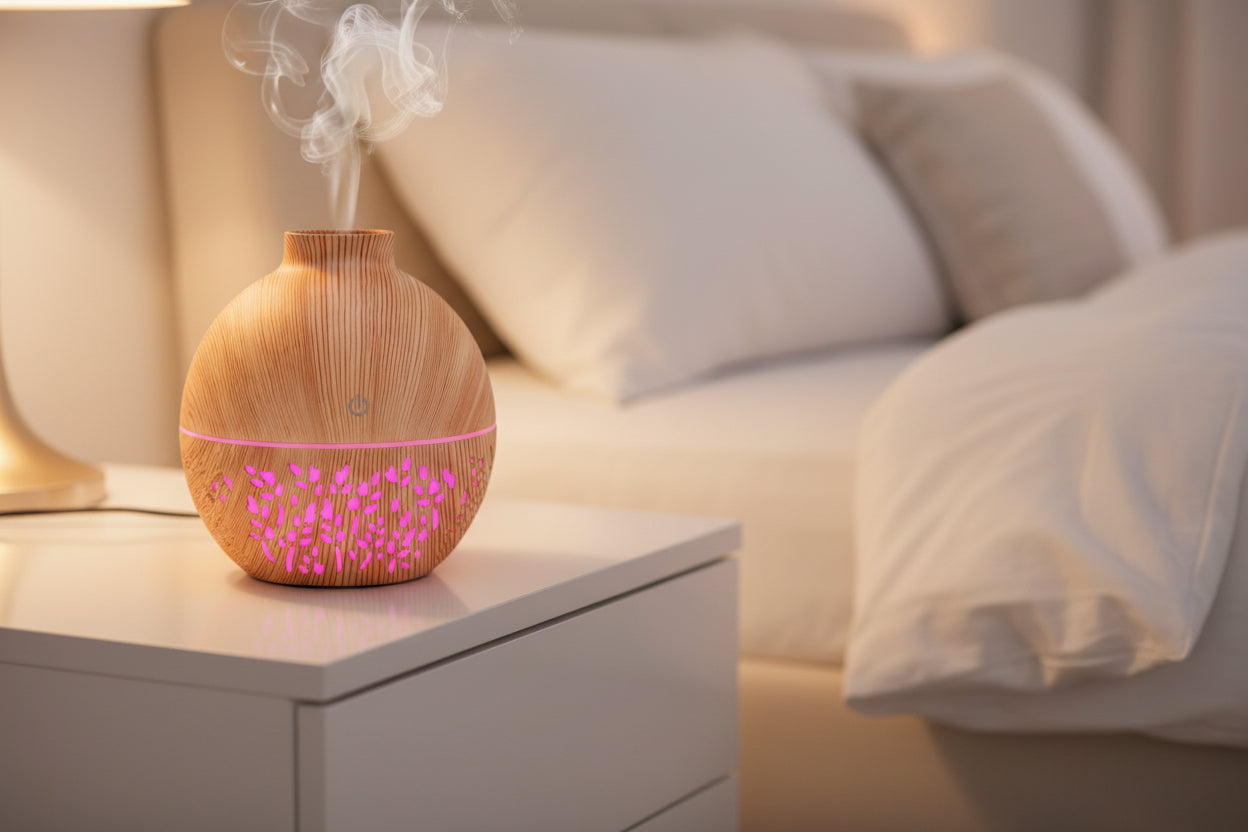 Flammen Aroma Diffuser in heller Holzoptik, ideal für Aromatherapie und Luftbefeuchtung.