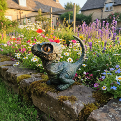 Velociraptor Gartenfigur aus Kunstharz – Frontansicht handbemalte Dino Statue