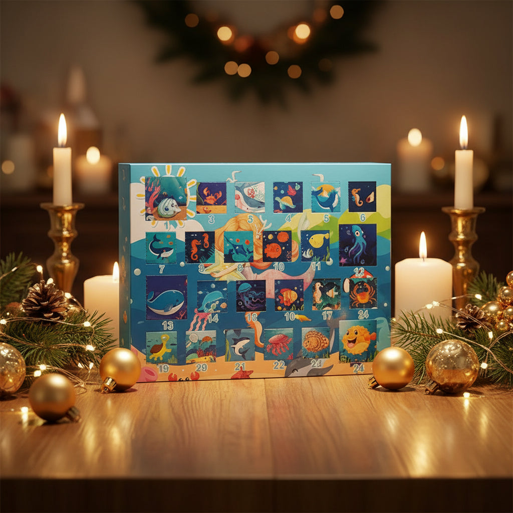 Adventskalender 2025 für Teenager mit Tier-Anhänger, Delphin, rosa Fischen und Ketten.