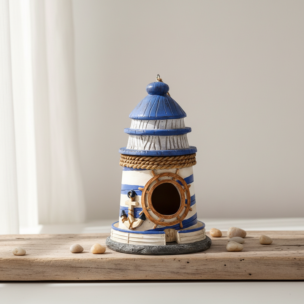 Vogelhaus im Leuchtturm-Design aus Kunstharz auf rustikalem Holzbrett mit Muscheln und Steuerrad