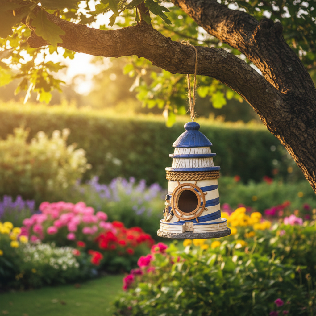 Hängendes Leuchtturm-Vogelhaus aus Kunstharz am Gartenbaum mit bunten Blumenbeeten