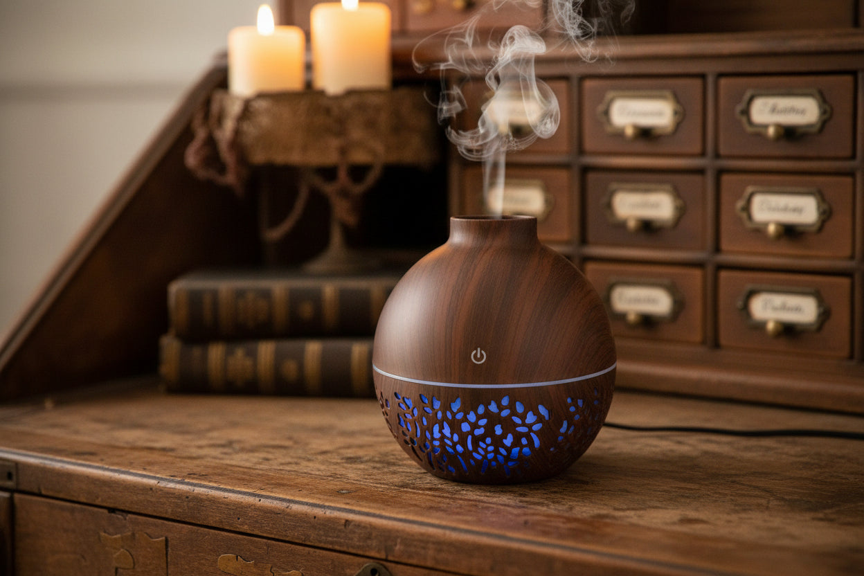 Flammen Aroma Diffuser im Einsatz in einem modernen Wohnzimmer, verbreitet angenehmen Duft.