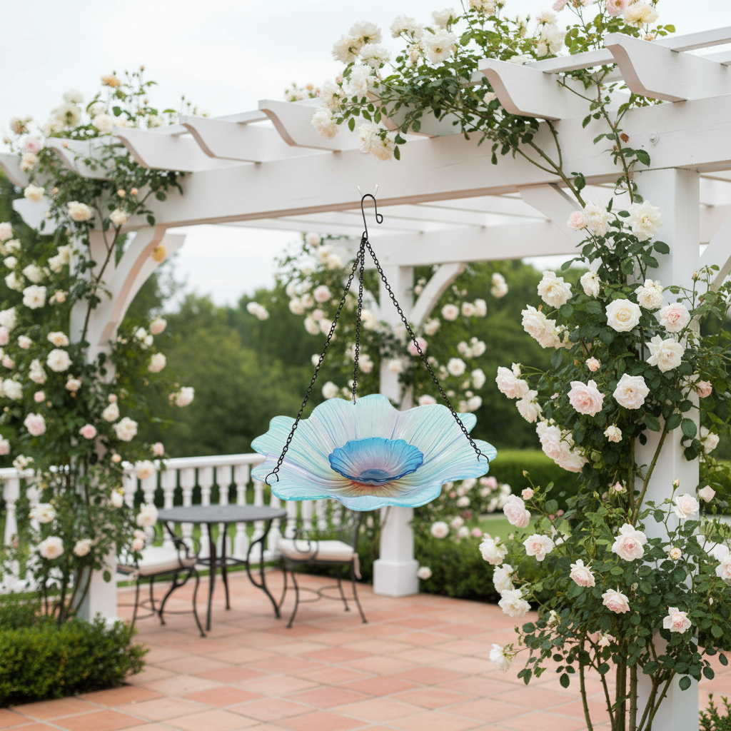 Blaue Glas-Vogeltränke hängt an weisser Pergola mit Kletterrosen auf eleganter Terrasse