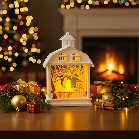 Zauberhafte Weihnachts-Laterne mit LED-Beleuchtung, stilvolle Weihnachtsdeko mit winterlichen Motiven auf einem Tisch platziert.