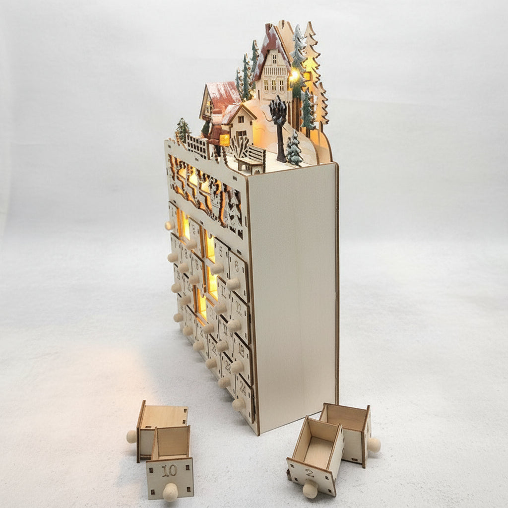 Weihnachts-Deko Adventskalender zum Selber füllen mit LED Licht und Kerzenschein.