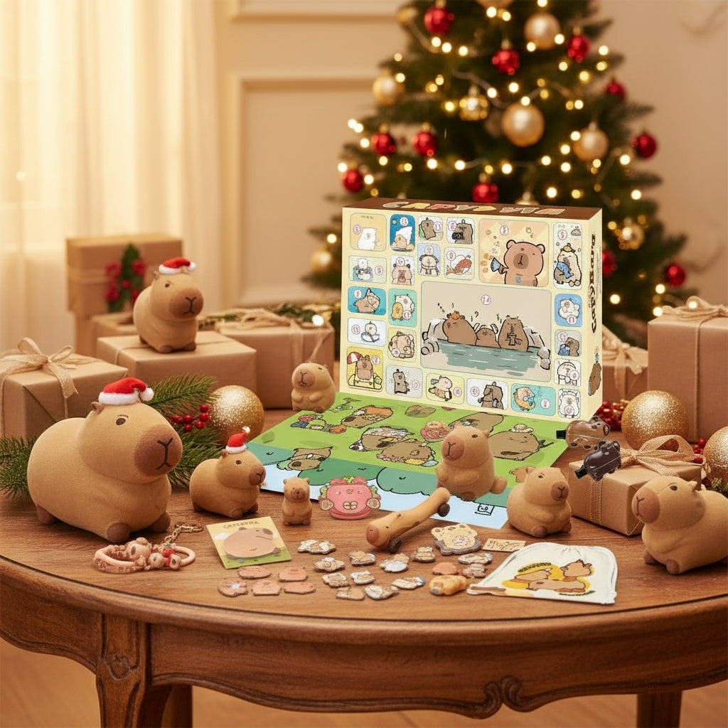 Capybara Adventskalender 2025 Sammelset – Charmanter Adventskalender mit 31 Mini-Figuren und thematischen Accessoires für Kinder und Tierliebhaber.