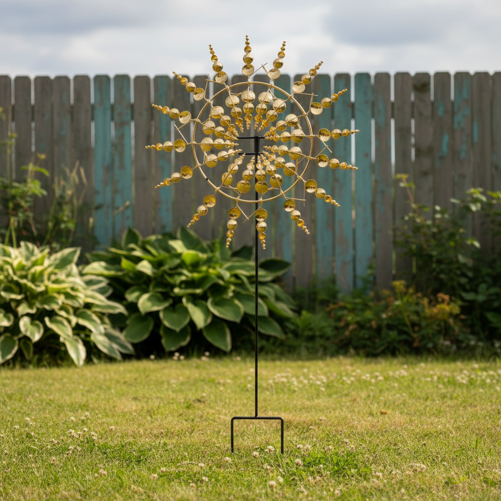 Windrad Garten gold – Metall Windspiel auf Erdstab im grünen Garten