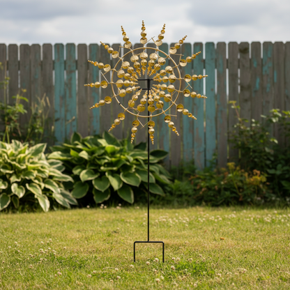 Windrad Garten gold – Metall Windspiel auf Erdstab im grünen Garten