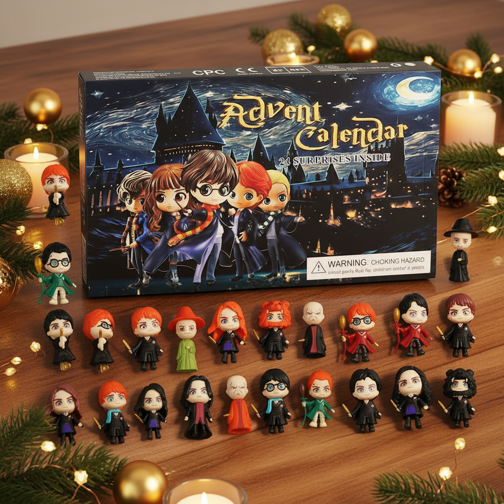 Variante des Harry Potter Adventskalenders 2025, die 24 liebevoll gestaltete Figuren zeigt, umgeben von festlichen Lichtern und Tannenzweigen.