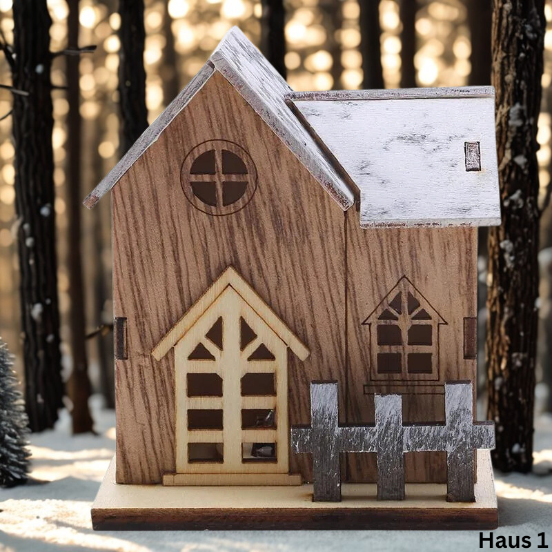 LED Holzhaus mit Schnee-Effekt aus Naturholz für festliche Tischdeko