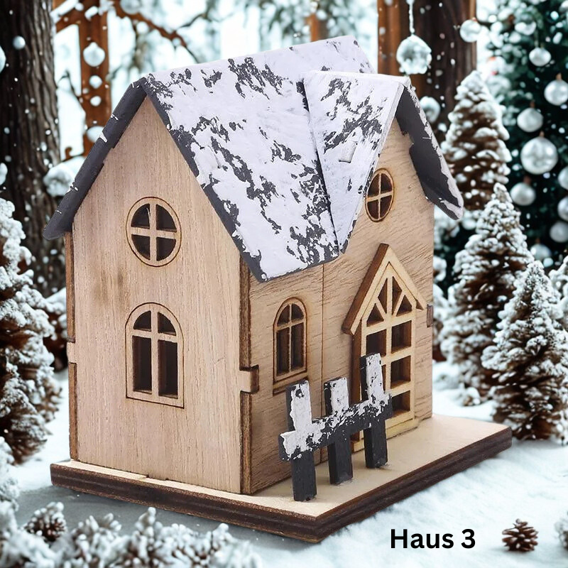 LED-Holzhaus mit Schnee und Fensterbeleuchtung für Adventsdorf