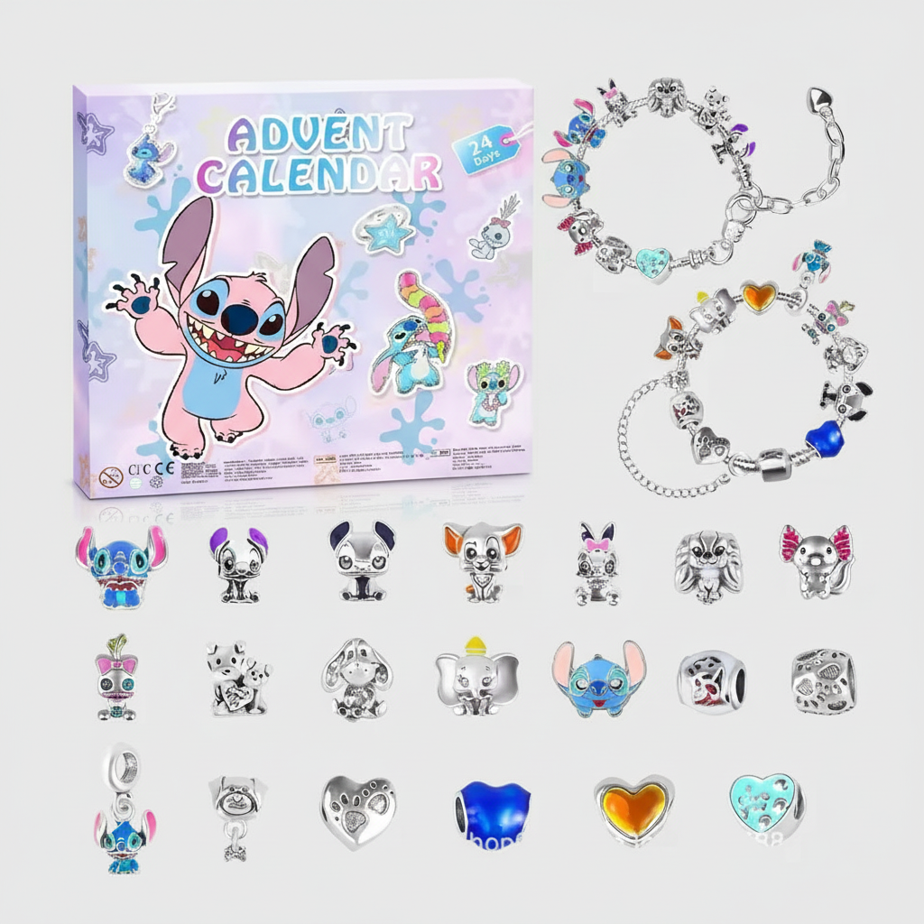Verschiedene Schmuckstücke aus dem Disney Armband Adventskalender 2025 mit Lilo & Stitch, perfekt zum Kombinieren.