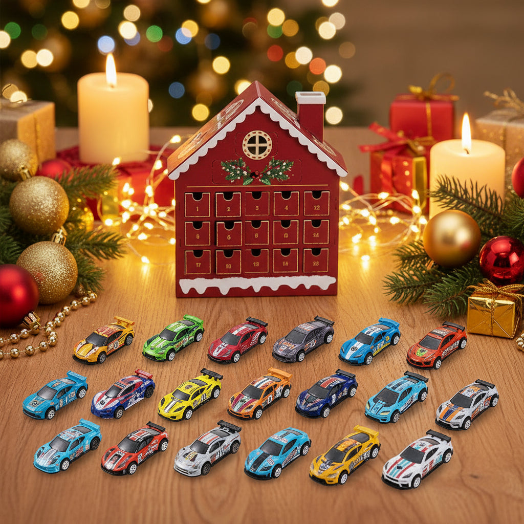 Sammlung von 24 verschiedenen Spielzeug-Rennwagen aus Auto Adventskalender