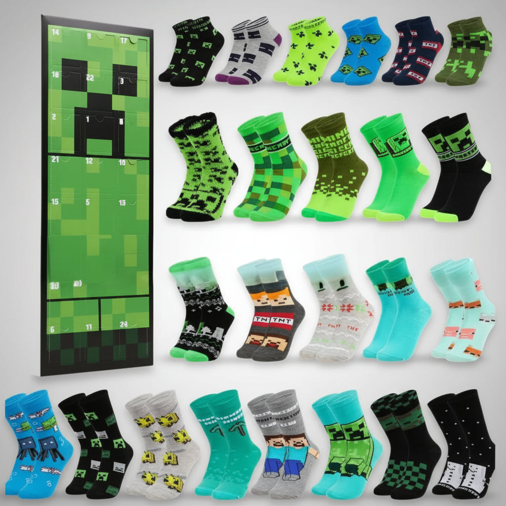 Täglich ein paar Minecraft Socken mit dem  Minecraft Adventskalender 2025 für Kinder und Teenager.
