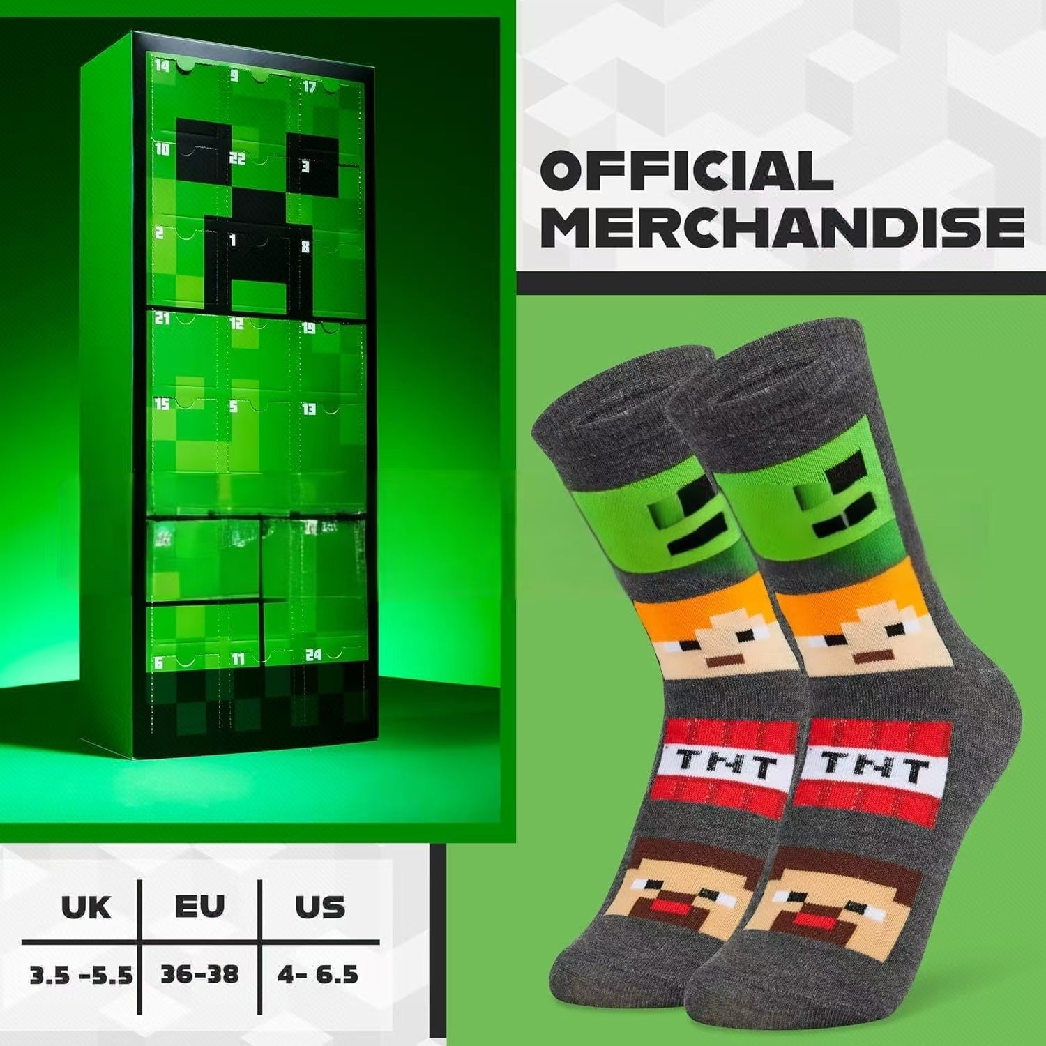 Original Minecraft Socken Creeper Game Adventskalender mit coolen Socken für Kinder und Teenager.