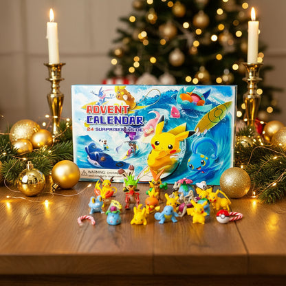 Pokémon Adventskalender 2025 mit süßen Mini-Figuren, auf einem schön gedeckten Tisch mit Kerzen und Weihnachtsschmuck, ideal für die Adventszeit.