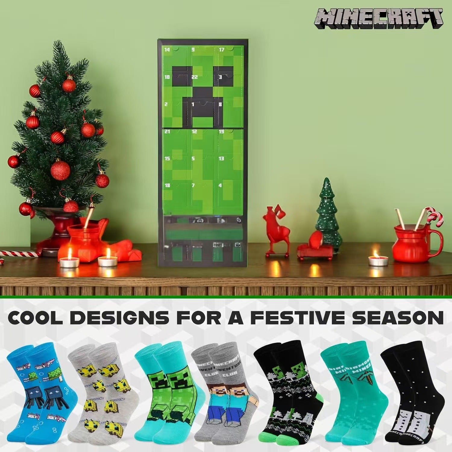 Adventskalender 2025 Original Minecraft, mit coolen Kleider Socken für Kinder und Teenager.