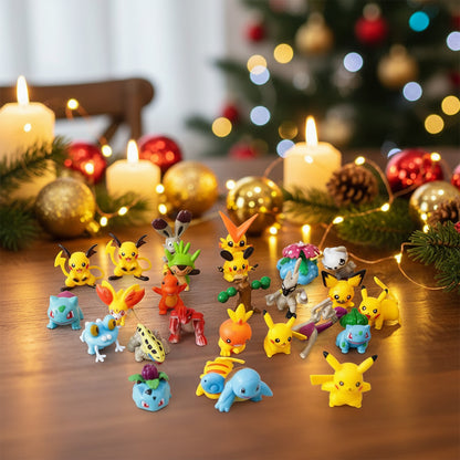Vielfältige Minifiguren aus dem Pokémon Adventskalender 2025, arrangiert um Kerzen und Weihnachtsdekoration, perfekt für Sammler und Fans.
