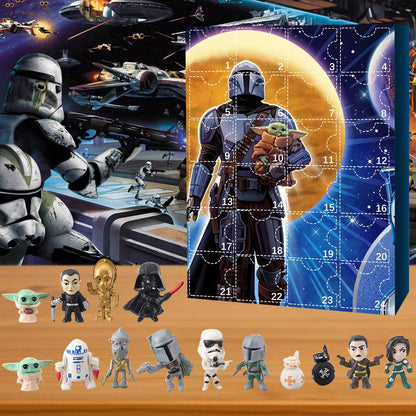 Star Wars Mandalorian Adventskalender 2025 - Detailansicht eines Türchens mit Mini-Figuren von Baby Yoda und anderen Charakteren.