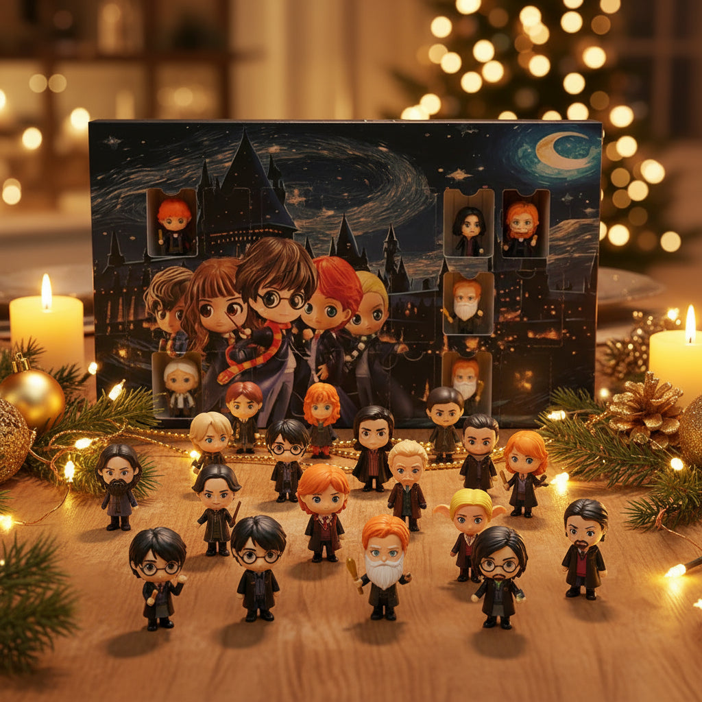 Gemütliche Weihnachtsstimmung mit dem Harry Potter Adventskalender 2025, der 24 bezaubernde Charakterfiguren zeigt, umgeben von Kerzen und Weihnachtsdekoration.