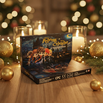 Präsentation des Harry Potter Adventskalenders 2025, geöffnet und dekoriert mit 24 magischen Figuren, ideal für die Vorweihnachtszeit.