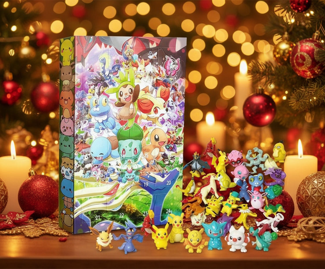 Bunter Pokémon Adventskalender 2025 mit vielen Figuren und fröhlichem Design.