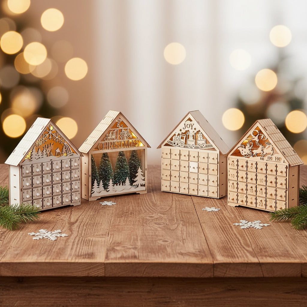 Holz Adventskalender mit LED Weihnachtshaus DIY – Vielfältig einsetzbar als Tisch- oder Fensterdekoration für ein festliches Ambiente.