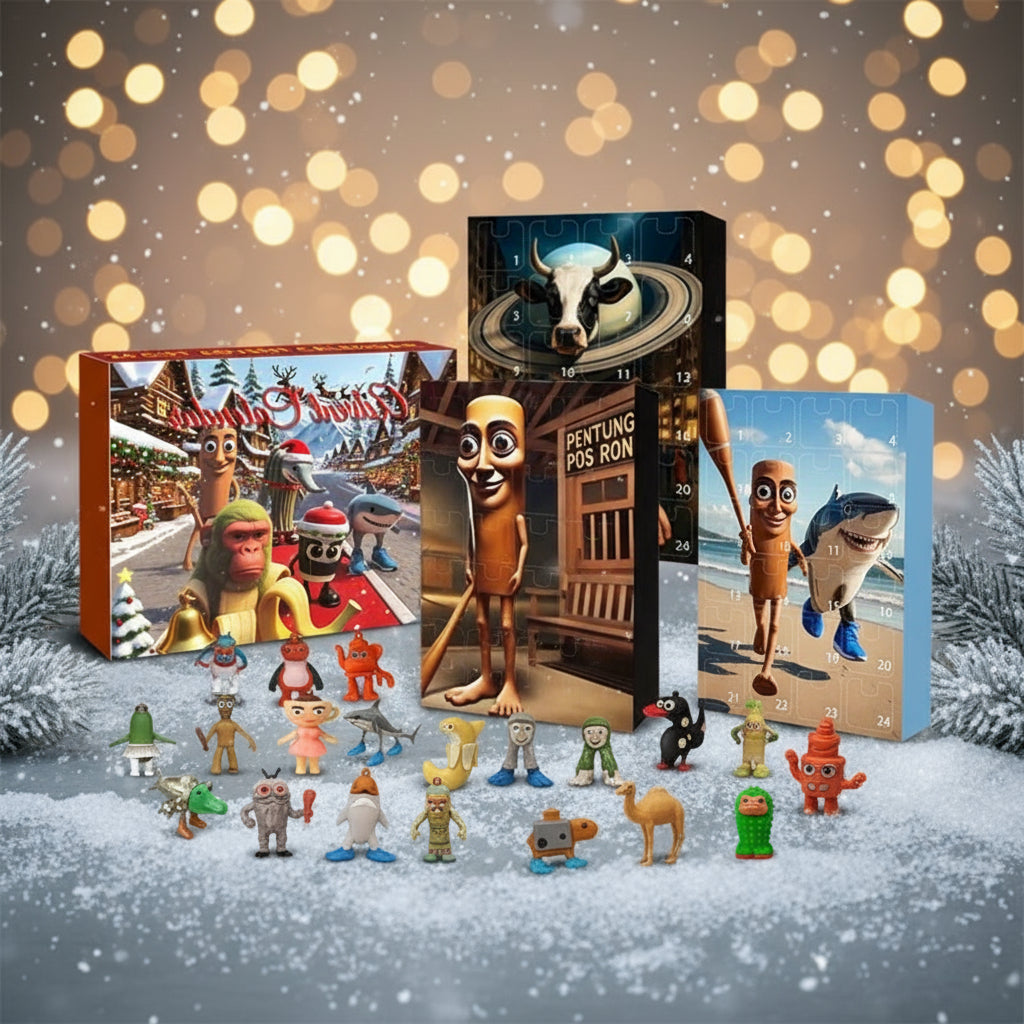 Brainrot Christmas Edition, Tralaleo Tralala, La Vacca Saturno Saturnita und Tung Adventskalender 2025 in einer coolen, weihnachtlichen Szene – alle Kalender nebeneinander auf einem festlich beleuchteten Tisch, umgeben von warmen Lichterketten, Schneeflocken und stilvoller Weihnachtsdekoration. Hochwertiges Produktfoto mit klarer Beleuchtung und modernem Popkultur-Look.