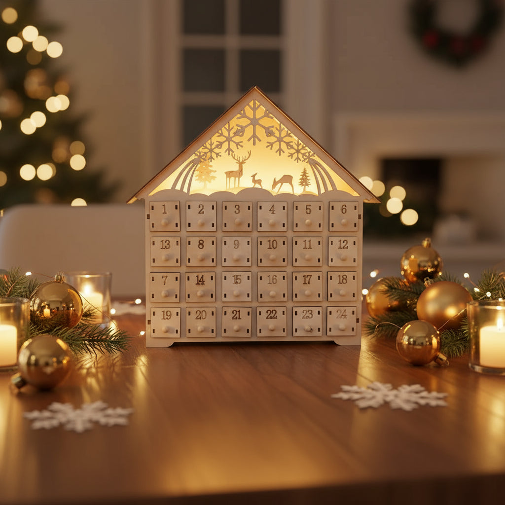 Holz Adventskalender mit LED Weihnachtshaus DIY – Ein festliches Highlight für Familien und Paare zur kreativen Gestaltung der Weihnachtszeit.