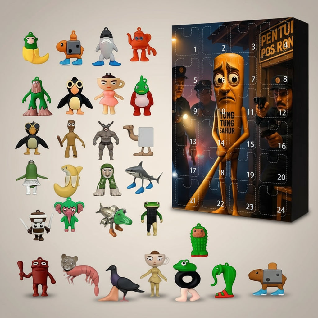 Tung Tung Tung Sahur 2 Adventskalender 2025 mit 24 skurrilen Figuren – humorvolles Sammlergeschenk für die Vorweihnachtszeit.