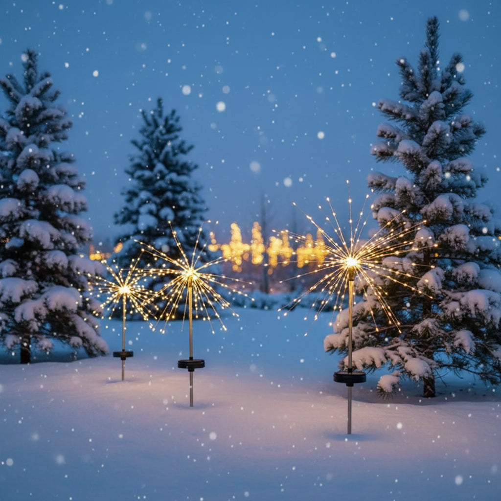 Solar LED Weihnachts- und Feuerwerkslicht im Garten, elegante Beleuchtung mit warmem Licht und funkelndem Feuerwerkseffekt.