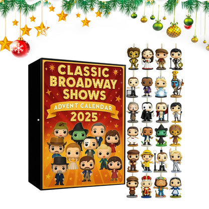 Offener Kalender des Klassischen Broadway Shows Adventskalenders 2025, zeigt die liebevoll gestalteten Sammlerfiguren.