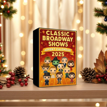 Der Klassischer Broadway Shows Adventskalender 2025 geschlossen, zeigt festliches Design und hochwertige Verarbeitung.