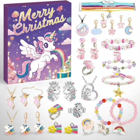Adventskalender 2025 Einhorn Armband mit 24 Schmuckanhängern in Geschenkbox