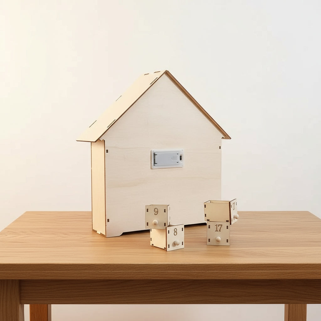 Holz Adventskalender mit LED Weihnachtshaus DIY – Weihnachtsdekoration mit warmem Licht, perfekt für die Adventszeit.
