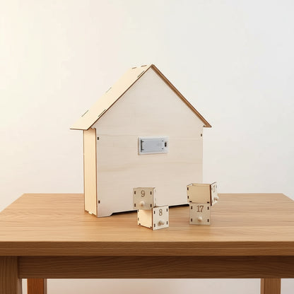 Holz Adventskalender mit LED Weihnachtshaus DIY – Weihnachtsdekoration mit warmem Licht, perfekt für die Adventszeit.