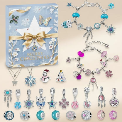 Winterzauber Adventskalender 2025 – Anhängern & Armbändern: Glitzernde blauen Akzente und zauberhafte Schneeflocken-Motive für einen glamourösen Advent.