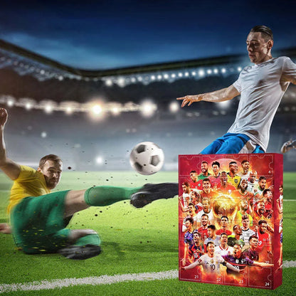 Fussball Adventskalender – 24 Mini-Figuren & Accessoires für Fans und Sammler, präsentiert in einer festlichen Verpackung.