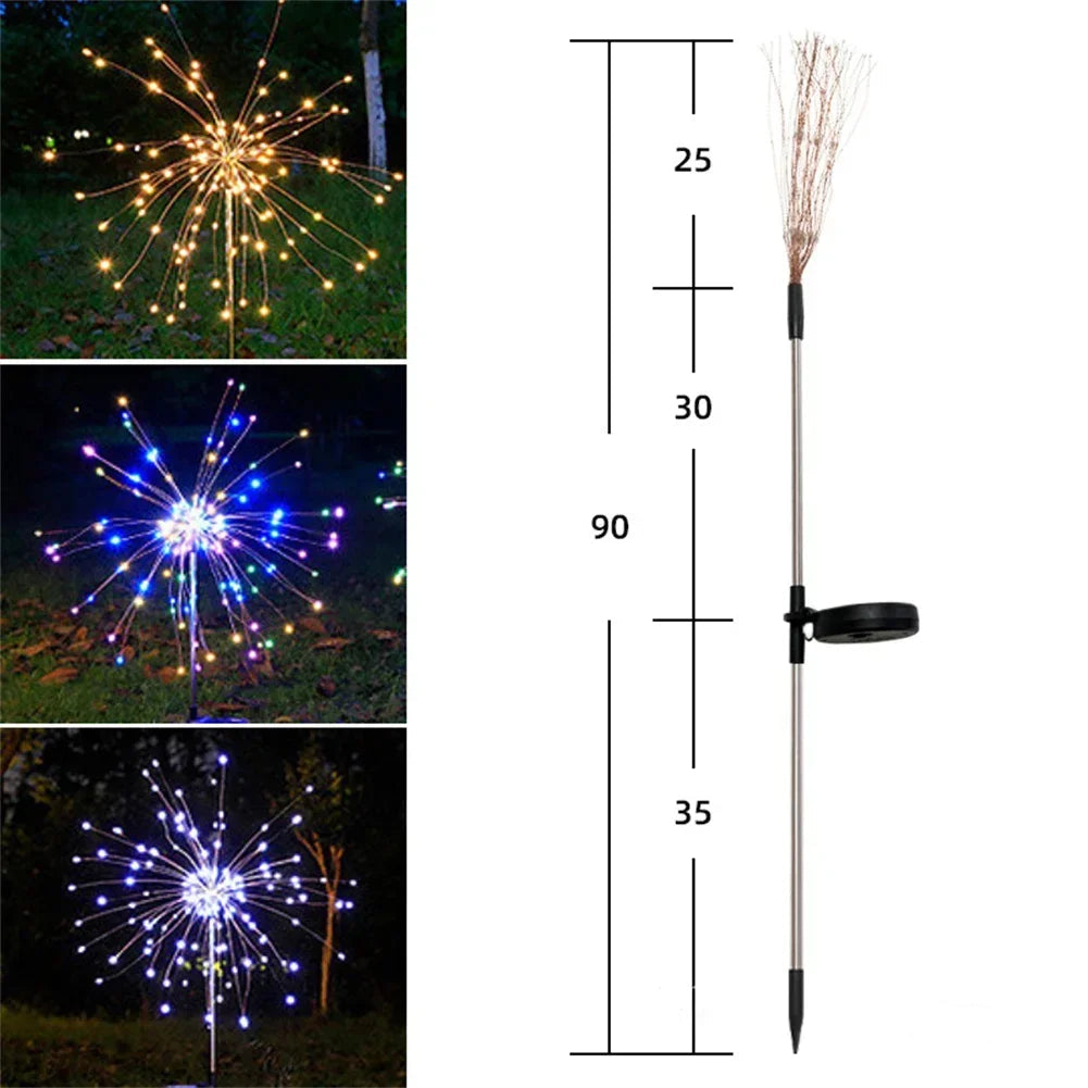 Solar LED Weihnachts- und Feuerwerkslicht mit verschiedenen Beleuchtungsmodi, ideal für Gartenwege und Eingangsbereiche.