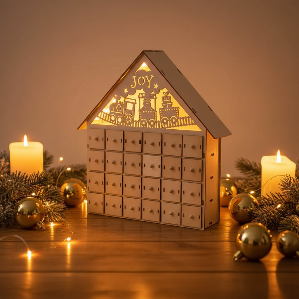 Holz Adventskalender mit LED Weihnachtshaus DIY – Gemütliche Beleuchtung für eine besinnliche Adventszeit.