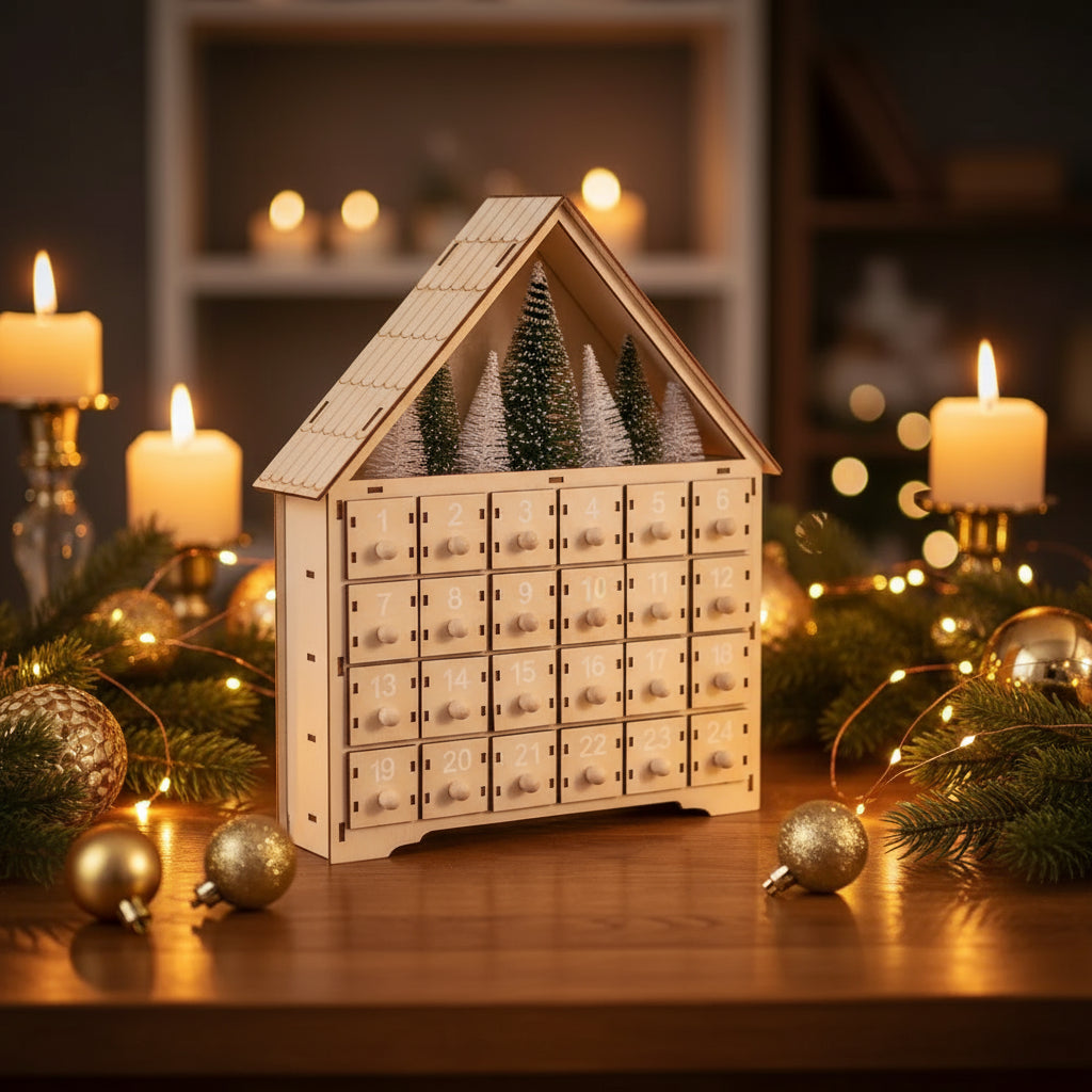 Holz Adventskalender mit LED Weihnachtshaus DIY – Nachhaltige und langlebige Dekoration aus hochwertigem Holz.