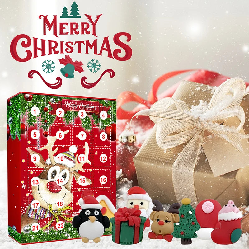 Elch-Kalender vor einem Päckchen mit cremefarbener Schleife, davor kleine Figuren wie Tannenbaum und Stiefel