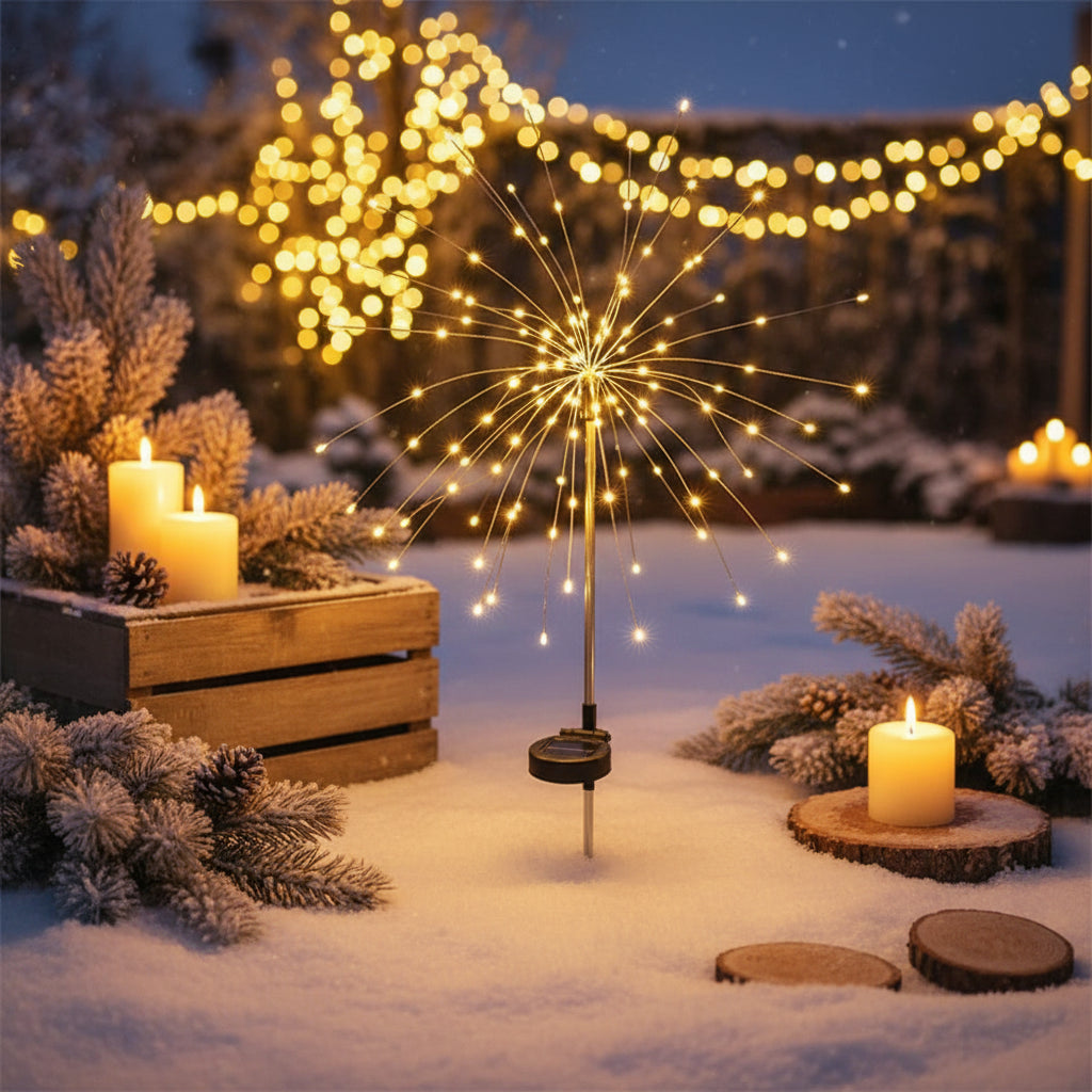 Verpackung des Solar LED Weihnachts- und Feuerwerkslichts, mit Solarpanel und Erdspiess für einfache Installation und Nutzung.